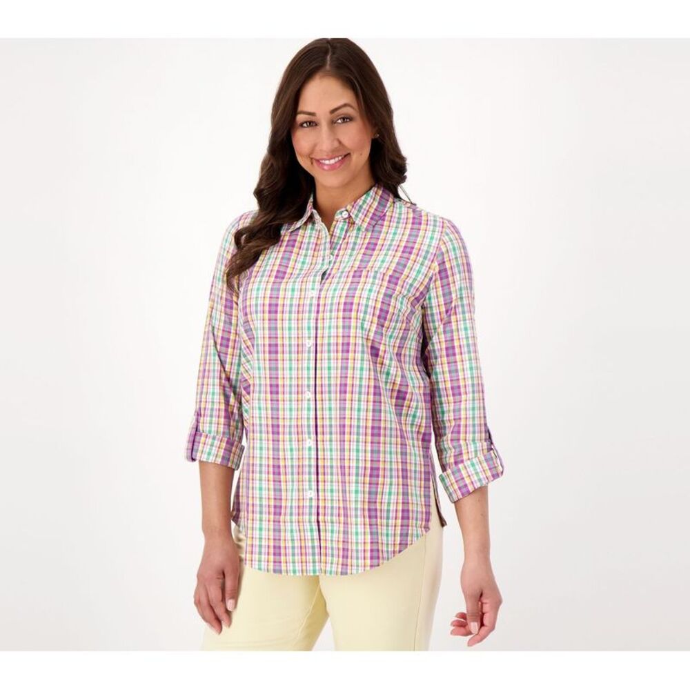 Susan Graver Women's Top Petite 3XP Weekend Yarn-Dyed Plaid Pink A638216